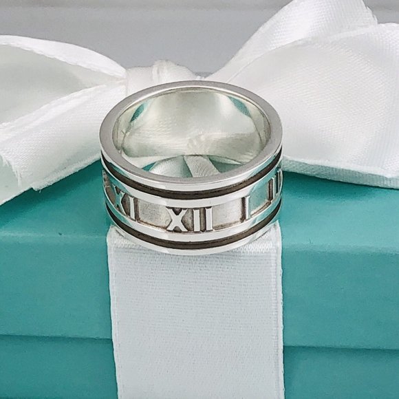 Size 5.5 Tiffany & Co Silver Atlas Ring Unisex Wide Band Roman Numerals - Picture 6 of 7
